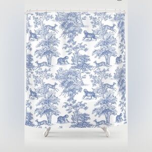 Toile de Jouy Vintage French Exotic Jungle Forest Navy & White Shower Curtain